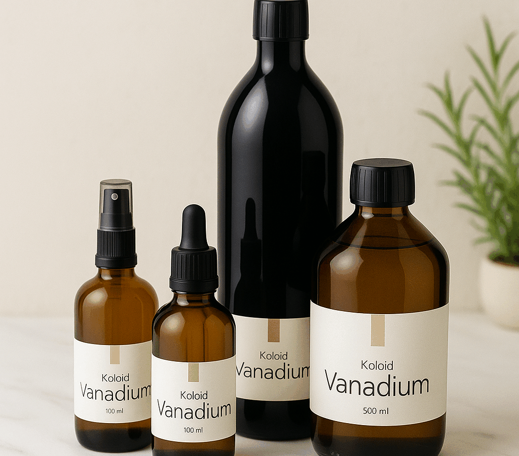 Kolloidales Vanadium in verschiedenen Flaschengrößen – Ambientebild