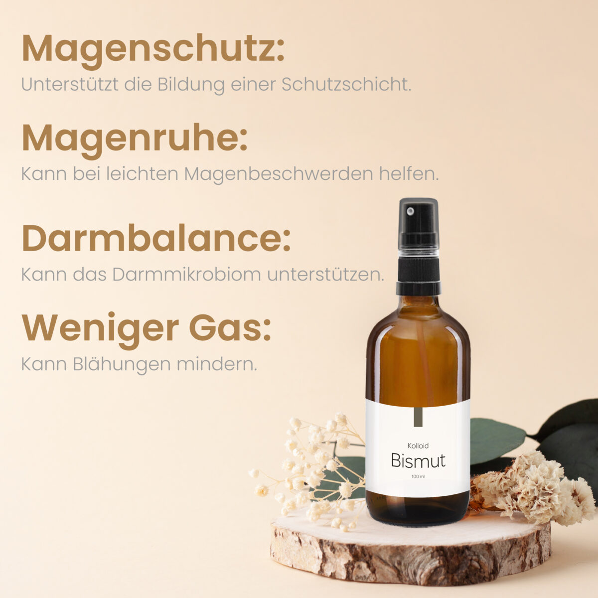 Braune Sprühflasche Kolloid Bismut auf Holzunterlage mit Trockenblumen, daneben Text zu Magen, Darm und Verdauung
