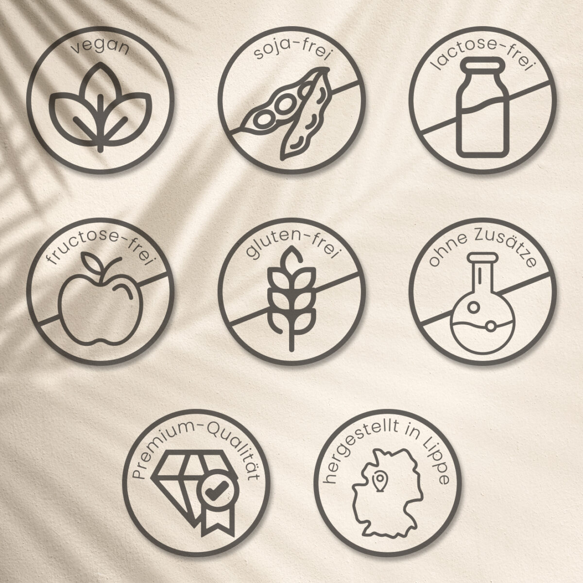 Eigenschaftssymbole: vegan, sojafrei, laktosefrei, fructosefrei, glutenfrei, ohne Zusätze, Premium-Qualität, hergestellt in Lippe