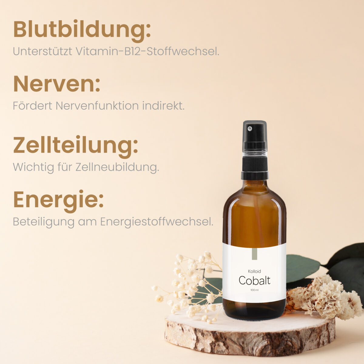 Braune Sprühflasche Kolloid Cobalt auf Holzunterlage mit Trockenblumen, daneben Text über Blutbildung, Nerven, Zellteilung und Energie