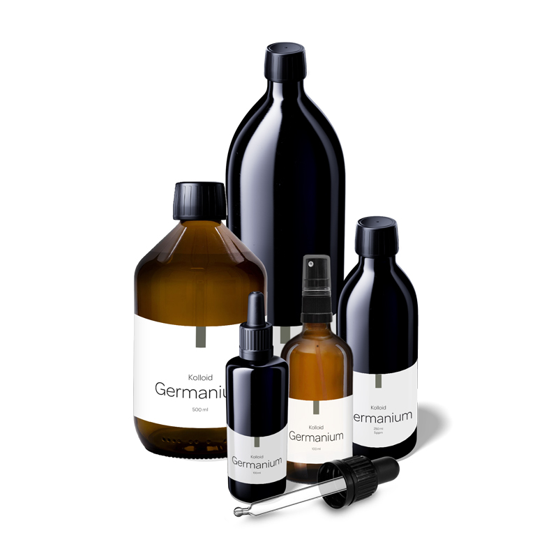 Produktbild mit verschiedenen Flaschenformen von kolloidalem Germanium, inkl. Pipette