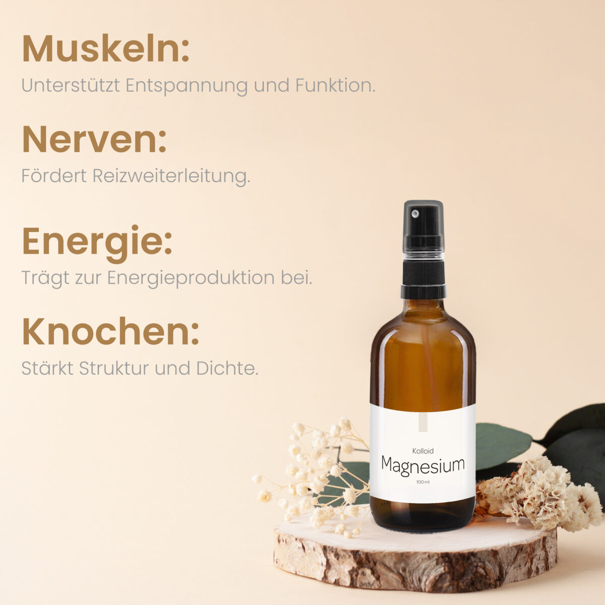 Sprühflasche kolloidales Magnesium mit Text zu gesundheitlichen Vorteilen wie Muskeln, Nerven, Energie und Knochen