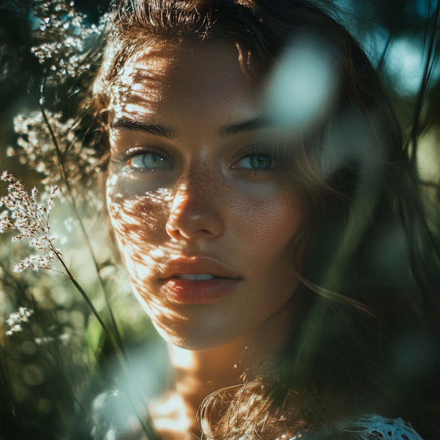 Junge Frau in der Natur mit sanftem Lichtspiel im Gesicht, Symbol für Achtsamkeit und innere Ruhe.