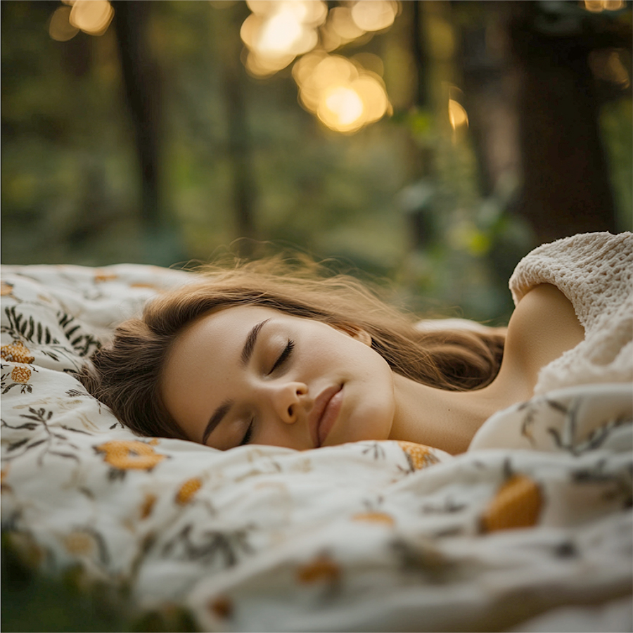 Junge Frau schläft entspannt in der Natur bei warmem Sonnenlicht